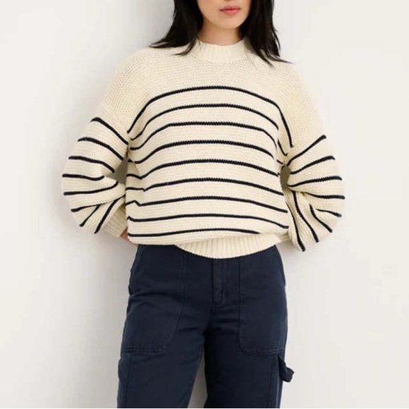 Alex Mill Button-Back Crewneck Sweater in Ivory/Navy Stripes Coastal X-Large - Picture 1 of 8